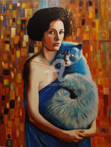 Painting titled "Girl in blue with B…" by Kolective Art, Original Artwork, Oil