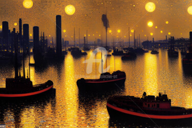 Painting titled "Tug boats under man…" by Kolective Art, Original Artwork, Acrylic