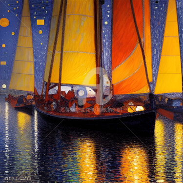 Pintura intitulada "Sail boats in port" por Kolective Art, Obras de arte originais, Óleo