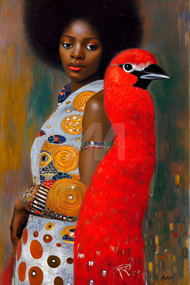 Schilderij getiteld "Girl with red emu." door Kolective Art, Origineel Kunstwerk, Olie