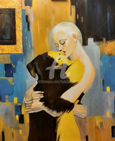 Pintura intitulada "Hugging my dog" por Kolective Art, Obras de arte originais, Óleo