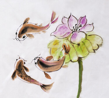 Drawing titled "fish and lotus" by Alla, Original Artwork, Ink