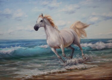 Painting titled "Unrestrained horse" by Kolya Kuftun, Original Artwork, Oil Mounted on Wood Stretcher frame