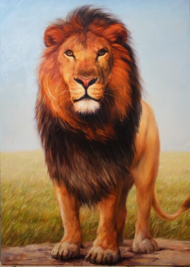 Painting titled "Majestic lion" by Kolya Kuftun, Original Artwork, Oil Mounted on Wood Stretcher frame