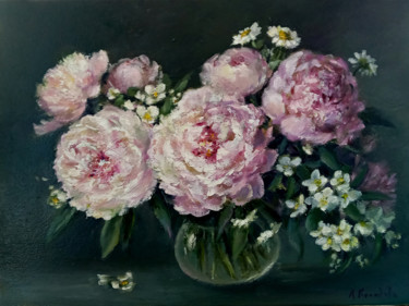 Painting titled "bouquet with peonies" by Liliya Kolyadova, Original Artwork, Oil Mounted on Wood Stretcher frame