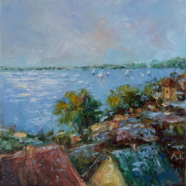 Painting titled "Roofs" by Liliya Kolyadova, Original Artwork, Oil Mounted on Wood Stretcher frame