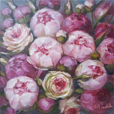 Картина под названием "peonies and roses" - Liliya Kolyadova, Подлинное произведение искусства, Масло Установлен на Деревянн…