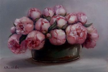 Картина под названием "Bouquet with pink p…" - Liliya Kolyadova, Подлинное произведение искусства, Масло Установлен на Дерев…
