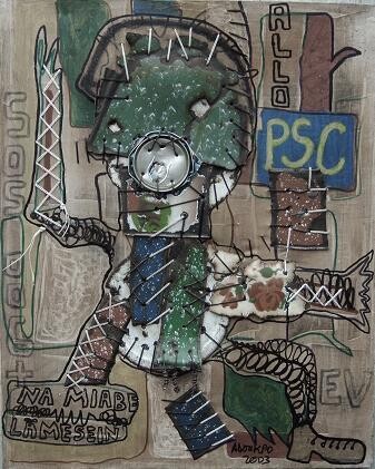 Peinture intitulée "casque vert" par Komlan Adoukpo, Œuvre d'art originale, Huile