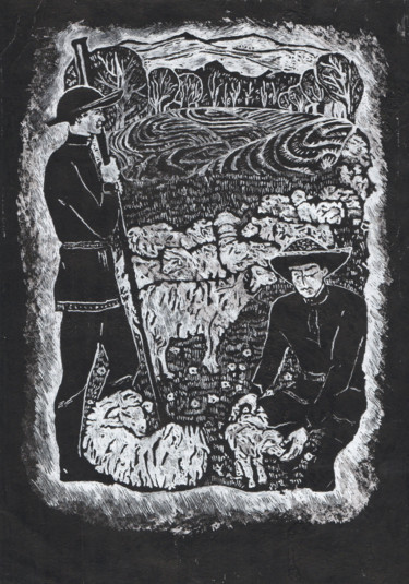 Drawing titled "Shepherds" by Zhanna Kondratenko, Original Artwork, Ink Mounted on Other rigid panel