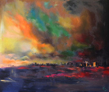 Картина под названием "Blazing sunset over…" - Zhanna Kondratenko, Подлинное произведение искусства, Масло