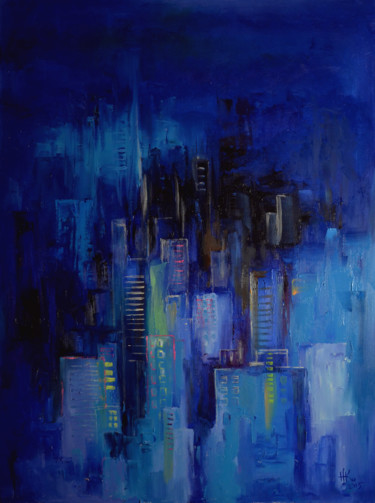 Painting titled "Night city (paintin…" by Zhanna Kondratenko, Original Artwork, Oil