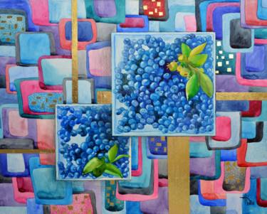 Pintura titulada "Two square blue pla…" por Zhanna Kondratenko, Obra de arte original, Acuarela Montado en Otro panel rígido