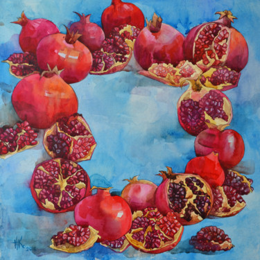 Painting titled "Pomegranates' circle" by Zhanna Kondratenko, Original Artwork, Watercolor Mounted on Other rigid panel
