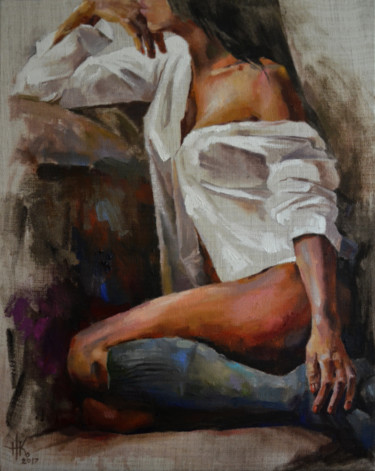 Painting titled "Brunette" by Zhanna Kondratenko, Original Artwork, Oil