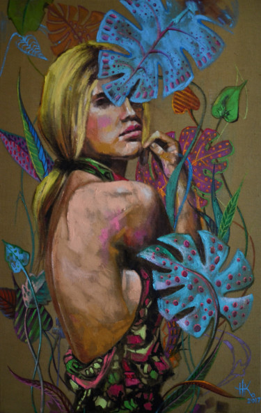 Painting titled "Amazon" by Zhanna Kondratenko, Original Artwork, Oil Mounted on Wood Stretcher frame