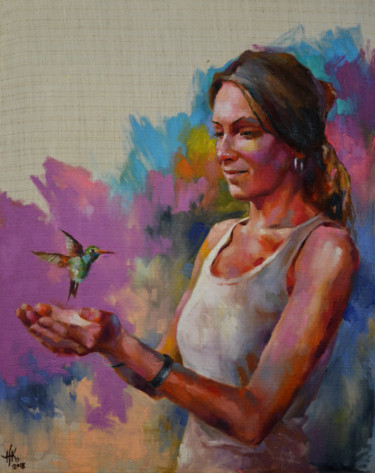 Painting titled "My Colibri" by Zhanna Kondratenko, Original Artwork, Oil Mounted on Wood Stretcher frame