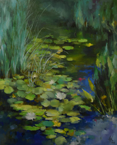 Painting titled "Lily pond. Sunny day" by Zhanna Kondratenko, Original Artwork, Oil