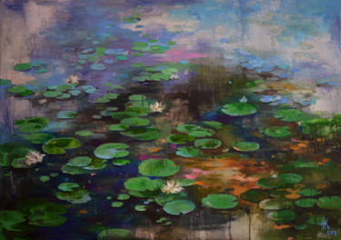 Painting titled "Lily pond. Wavy mir…" by Zhanna Kondratenko, Original Artwork, Oil Mounted on Wood Stretcher frame