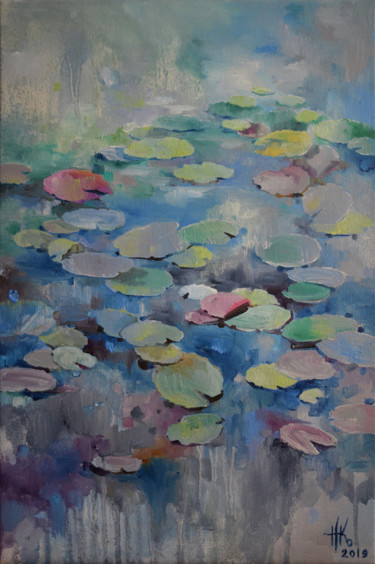 Painting titled "Lily pond. Falling…" by Zhanna Kondratenko, Original Artwork, Oil Mounted on Wood Stretcher frame