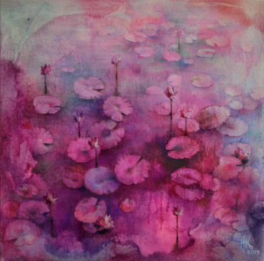 Painting titled "Lily pond. Depth" by Zhanna Kondratenko, Original Artwork, Pastel Mounted on Wood Stretcher frame