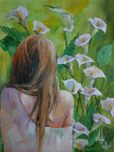 Painting titled "Calla" by Zhanna Kondratenko, Original Artwork, Oil Mounted on Cardboard