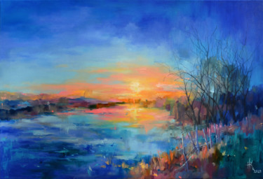 Painting titled "Sunset on the Lake" by Zhanna Kondratenko, Original Artwork, Oil Mounted on Wood Stretcher frame