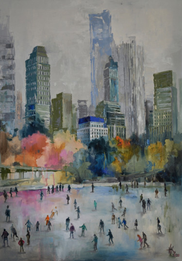 Painting titled "Ice Rink" by Zhanna Kondratenko, Original Artwork, Oil Mounted on Wood Stretcher frame