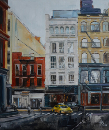 Painting titled "Cozy Street" by Zhanna Kondratenko, Original Artwork, Oil Mounted on Wood Stretcher frame