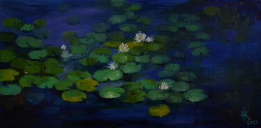Painting titled "Lily pond. Sleeping" by Zhanna Kondratenko, Original Artwork, Oil Mounted on Wood Stretcher frame