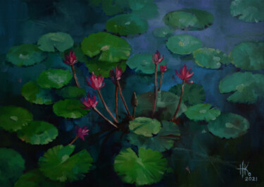 Pintura intitulada "Lily pond. Equilibr…" por Zhanna Kondratenko, Obras de arte originais, Óleo Montado em artwork_cat.