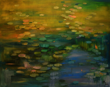 Painting titled "Lily pond. Solstice" by Zhanna Kondratenko, Original Artwork, Oil Mounted on Wood Stretcher frame