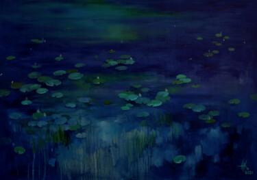 Painting titled "Lily pond. Lullaby" by Zhanna Kondratenko, Original Artwork, Oil Mounted on Wood Stretcher frame