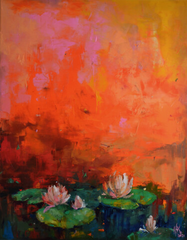 Painting titled "Lily pond. Orange L…" by Zhanna Kondratenko, Original Artwork, Oil Mounted on Wood Stretcher frame