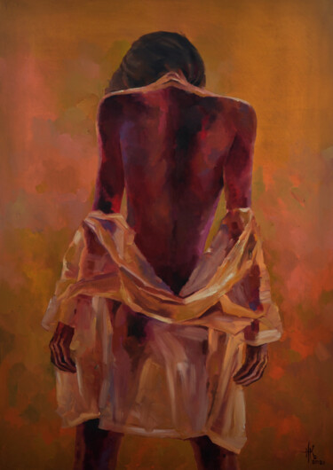 Painting titled "Woman in Orange" by Zhanna Kondratenko, Original Artwork, Oil Mounted on Wood Stretcher frame