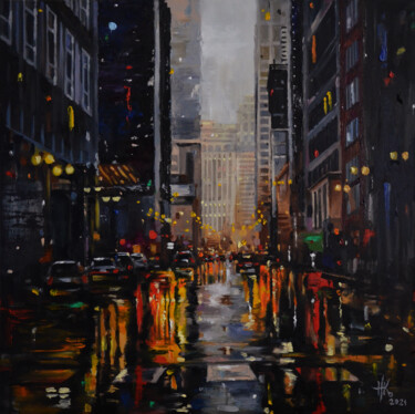 Painting titled "Wet Road" by Zhanna Kondratenko, Original Artwork, Oil Mounted on Wood Stretcher frame