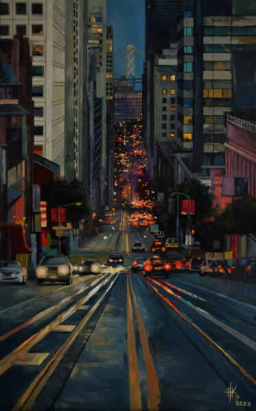 Painting titled "View of the Oakland…" by Zhanna Kondratenko, Original Artwork, Oil Mounted on Wood Stretcher frame