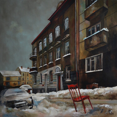 Schilderij getiteld "Red Chair" door Zhanna Kondratenko, Origineel Kunstwerk, Olie Gemonteerd op Frame voor houten brancard