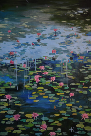 Painting titled "Lily Pond. Balance" by Zhanna Kondratenko, Original Artwork, Oil Mounted on Wood Stretcher frame