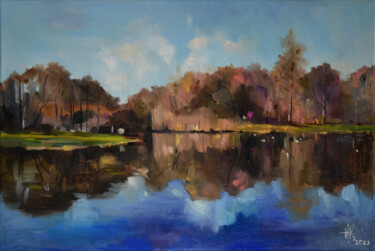 Painting titled "Opposite Waterside" by Zhanna Kondratenko, Original Artwork, Oil Mounted on Wood Stretcher frame