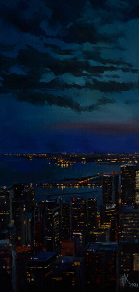 Painting titled "Rooftop Romance" by Zhanna Kondratenko, Original Artwork, Oil Mounted on Wood Stretcher frame