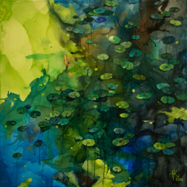 Painting titled "Lily pond. Glimmeri…" by Zhanna Kondratenko, Original Artwork, Ink Mounted on Wood Stretcher frame
