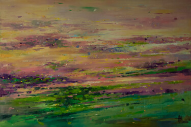 Painting titled "Lily pond. Warm Mid…" by Zhanna Kondratenko, Original Artwork, Oil Mounted on Wood Stretcher frame