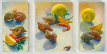 Painting titled "Citrons & Coquillag…" by Konoko, Original Artwork, Oil Mounted on Wood Panel