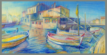 Painting titled "Barques de Pêche au…" by Konoko, Original Artwork, Oil Mounted on Wood Panel
