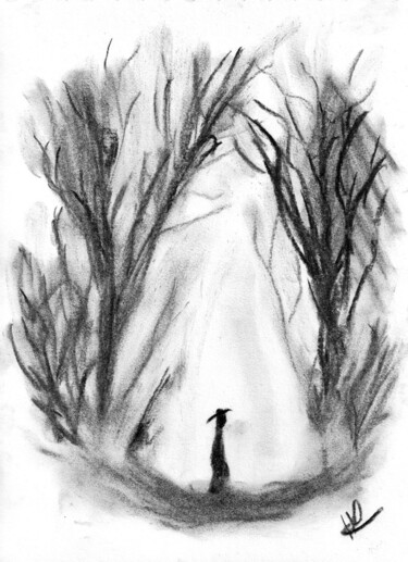 Desenho intitulada "A man in the forest" por Konrad Hellfeuer, Obras de arte originais, Carvão