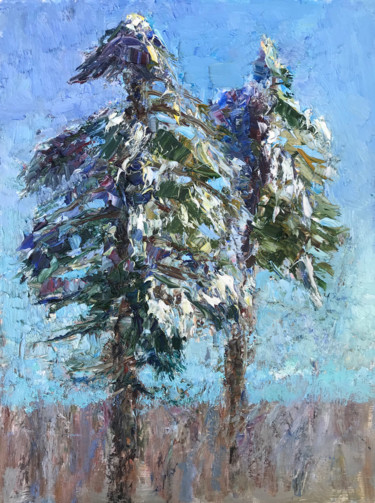Pittura intitolato "Pine trees" da Konstantin Borisov, Opera d'arte originale, Olio