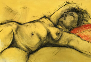 Painting titled "Nude Woman on Yello…" by Konstantin Fomin, Original Artwork, Charcoal
