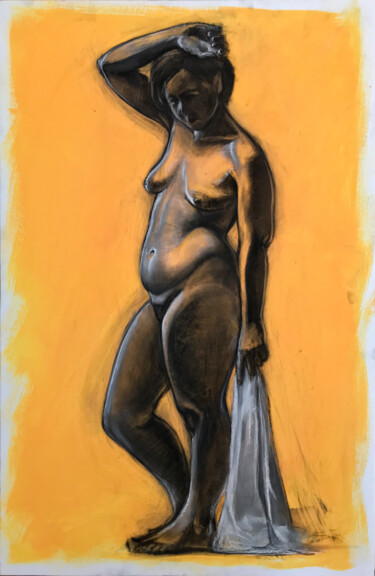 Drawing titled "Naked Girl on Yellow" by Konstantin Fomin, Original Artwork, Charcoal