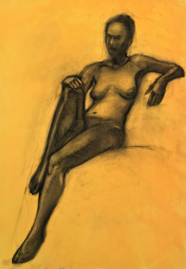 Malerei mit dem Titel "Naked Nastya on yel…" von Konstantin Fomin, Original-Kunstwerk, Kohle